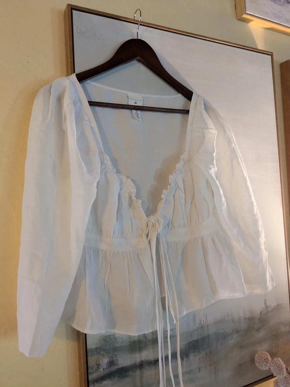 H&M Size Small Linen Blend Women's White Tie-Front Peasant Blouse NWOT